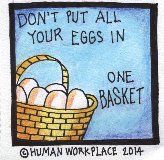 Don't put all your eggs in one basket = don't invest or save everything in only one place.  -Sabrina at Speak English Live explains proverbs vs. idioms.